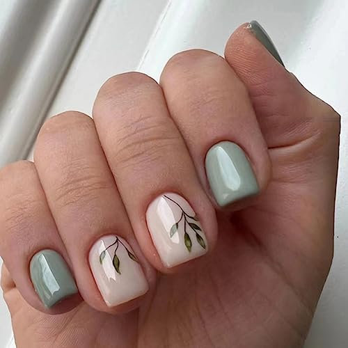 JUSTOTRY 24 Pcs Green Short False Nails with Leaves Pattern,Olive Square Press on Nails,Glossy Fake Nails Medium for Nails Art,Squoval French Stick on Nail for Women and Teens Gifts