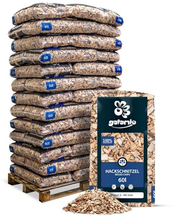 GALAMIO Holzhackschnitzel Hackschnitzel Mulch Natur Wald Kiefer Pinus Sylvestris Für Garten Hochbeet Dekor Holz Deko Häcksel Grob 5-60mm 60l x 39 Sack 2.340l / 1 Palette Paligo