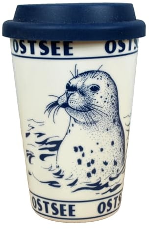 Maritimer Becher Coffee to go Seehund Ostsee 350ml Kaffeebecher Porzellan Silikondeckel