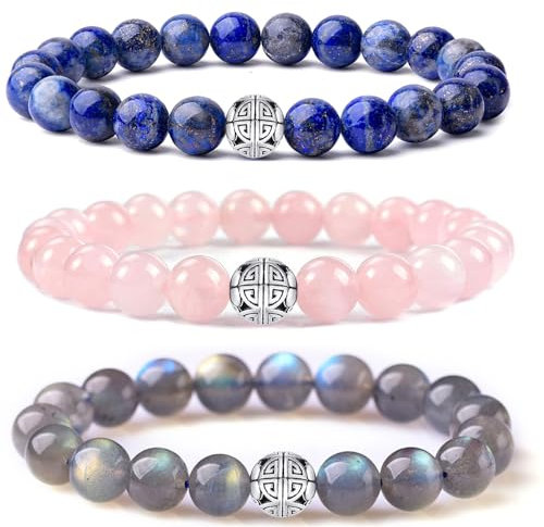 MetJakt Natürliche 8 mm Edelsteine Heilung Crystal Stretch Perlen Armband Armreif mit 925 Sterling Silber Double Happiness Anhänger (3,Labradorit,Rosa Quarz,Lapislazuli)