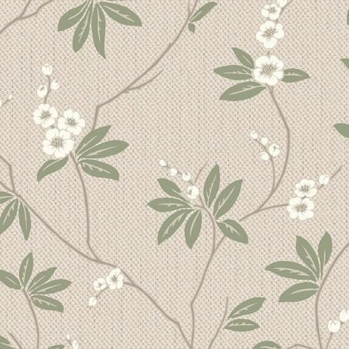 Amelie Blossom Beige Green Wallpaper - Floral Flowers Leaves Naturistic - Contemporary Textured Feature Wall