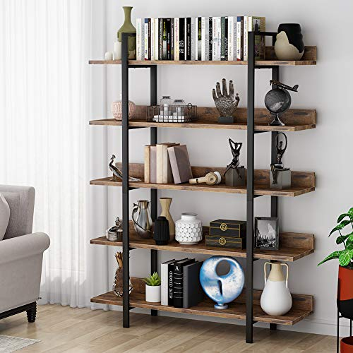 Tribesigns 5-Tier Bookshelf, Industrial Standing Shelf Unit, Ladder Shelf, Display Storage Rack, Steel Frame Bookcase, Easy Assembly, Rustic Brown