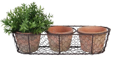 degawo 3 pots de fleurs en terre cuite vieillie dans un panier métallique