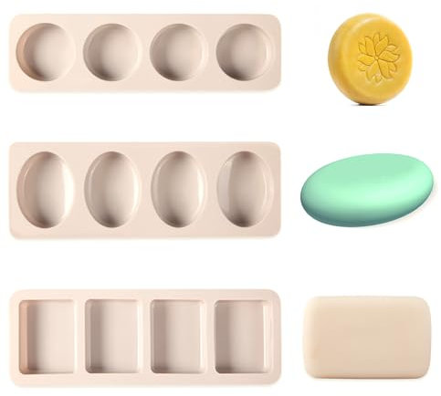 Silicone Soap Moulds, 3 PCS 4-Cavities Rectangle Oval Round Silicone Baking molds for Making Soap Bar Chocolate Resin Jelly DIY Homemade Crafts