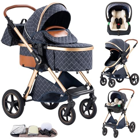 Shineey Kinderwagen 3 in 1,Faltbarer Puppenwagen Set,Reisesysteme kinderwagen Kinderkarre komplettset Neugeborener Tragbarer Mit Höhenverstellbarer Rahmen Aluminiumlegierung (H2/BLUE, H2)