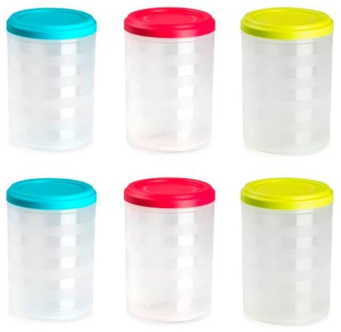 Tradineur - Pack de 6 botes de plástico reutilizables, modelo Atenas, recipiente, almacenaje, pasta, legumbres, cereales, café, fabricados en España - 1,5 litros - 16 x 11,5 cm - Color aleatorio
