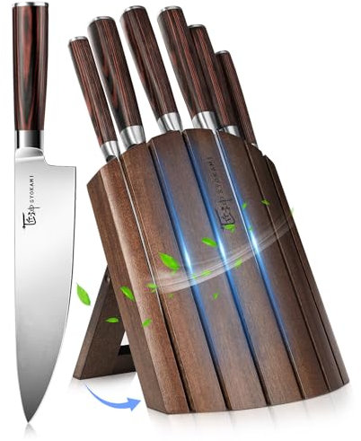 Knife Set 7 Piece Japanese Style Kitchen Knives Sets with Foldable Magnetic Acacia Wood Block Sharp High Carbon Stainless Steel for Kitchen with Anti-Slip Ergonomic Handle