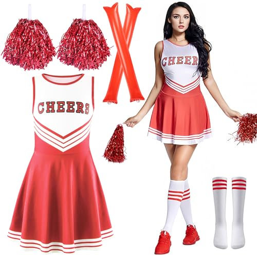 Cheerleader Kostüm Damen,Cheerleading Outfit Mädchen,Cheer Uniform Outfit Kleid mit Pompoms Socken Inflatable Stick,High School Cheerleader Kostüm,Kostüm Cheerleader für Karneval Mottoparty