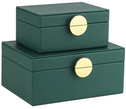 HofferRuffer Faux Leather Jewelry Boxes, Decorative Boxes Storage Accessory Organizer with Gold Hardware Decor, Classic Vegan Leather Set of 2 Pieces (Green)