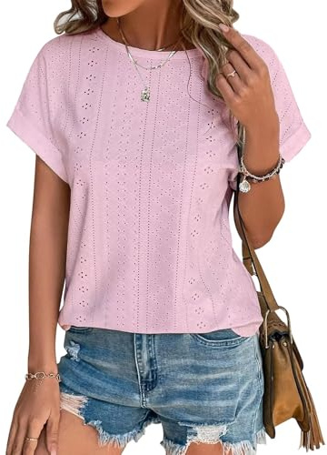Cuptacc T Shirt Femme Chemisier Femme Chic Et Élégant Broderie Aux Oeillets Col Rond Manches Courtes Tunique Mode
