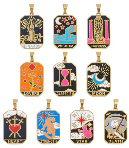 DICOSMETIC 10 Stück Emaille Edelstahl Tarot Charme 10 Stile Major Arcana Tarot Anhänger 32x19.5x2mm Große 18K Vergoldetem Edelstahl Anhänger Mit Öse Für Die Halskette Schmuckherstellung