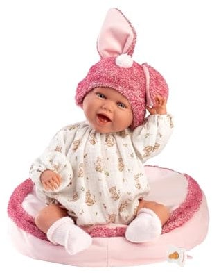 Llorens 1025019 Puppe Mimi, mit blauen Augen und weichem Körper, Babypuppe inkl. Fuchs-Outfit, rosa Ohrenmütze und weichem Kuschelkissen, 42 cm