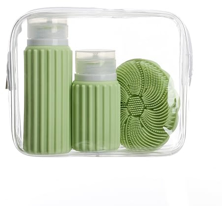 Muitomas Set da Viaggio con 2 Flaconi e 1 Spazzola per Viso in Silicone, Contenitori da Viaggio con Tappo AntiPerdita, Con Busta Impermeabile, Colore Verde Salvia