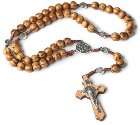 Azushwer Rosary Beads Necklace, Natural Wood Catholic Cross Necklace
