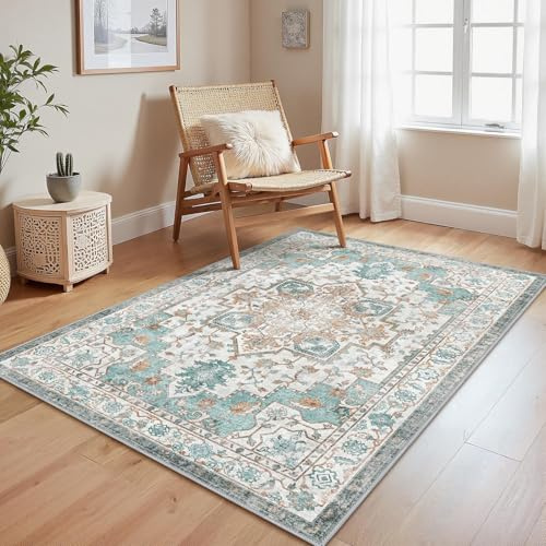 GENIMO Vintage Wohnzimmer Türkis Teppich 120x170cm Waschbar & rutschfest | Waschbarer Retro Teppich,Weich,Rutschfest Kurzflor,für Wohnzimmer,Schlafzimmer, Esszimmer,Büro,Carpet,Teppiche