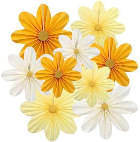 virkwuy 9 Stück Papierblumen Deko, Papier Blumen,Urlaubsfeiern | Papierfächer Deko, Gelber Gänseblümchen Papierfächer für Hochzeiten, Geburtstagsfeiern Zimmerdekorationen und Andere Anlässe