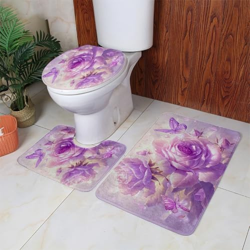 badezimmerteppich Set Lila Blume Schmetterling Badezimmermatte WC Teppich Dekoration Schnell Trocknend Badgarnitur 3 Teilig Stand WC Deckelbezug Badvorleger rutschfest Waschbar 50x80 cm