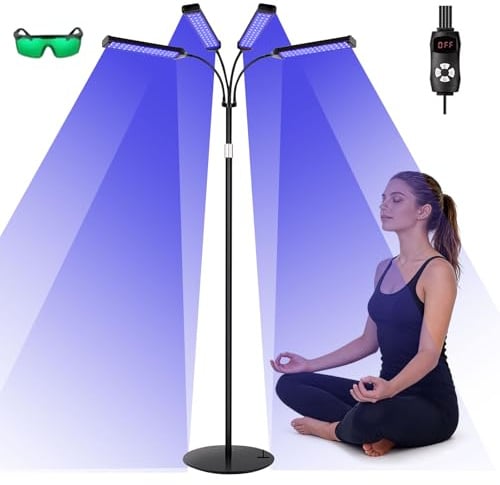 Solarium per la casa con luce blu a 660 nm e 850 nm, 420 LED, 4 teste di illuminazione, altezza e angolazione regolabili, 3 modalità, 5 livelli di luminosità, lampada abbronzante per viso e corpo