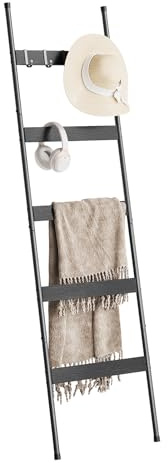 5 Tier Towel Ladder with Wood Grain Accents, Metal Leaning Towel Rack | 160cm/5.2ft Rustic Throw Ladder, Industrial Shabby Chic Decorative Rack for Bathroom & Living Room, Black 1 Pack