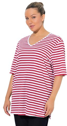 Ulla Popken Damen große Größen Übergrößen Plus Size T-Shirt, Ringel, Relaxed, V-Ausschnitt, Halbarm Lychee 54+ 846539530-54+