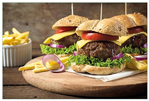 Wallario Küchenrückwand selbstklebend 90 x 60 cm, Motiv: Saftige Burger auf Holzbrett | Spritzschutz abwischbar & pflegeleicht
