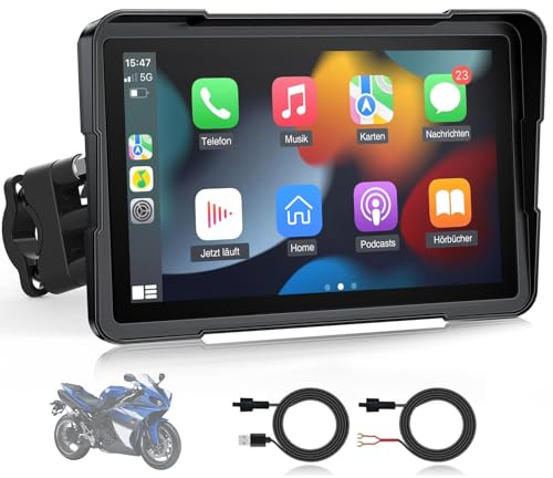7 Zoll Motorrad Display mit CarPlay & Android Auto, IP67 Wasserdicht | 1000 Nits Helles Motorrad Navi Touchscreen,Dual-Stromversorgung (Acc/USB), Sprachsteuerung für Navigation & Musik