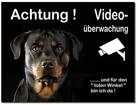 Rottweiler-Video-Schild-3 Größen-Aluminium Verbund-Hund-Tierschild-Warnschild-Hinweisschild (1451-74 -300 x 200 x 2 mm mit Klebepads)