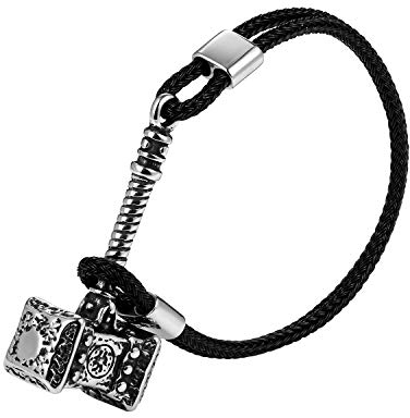 JewelryWe Herren Lederarmband Thors Hammer: Punk Leder Echtleder Geflochten Kordelkette Armband Armreif mit Edelstahl Thor Hammer Verschluss Geschenk für Männer Schwarz Silber
