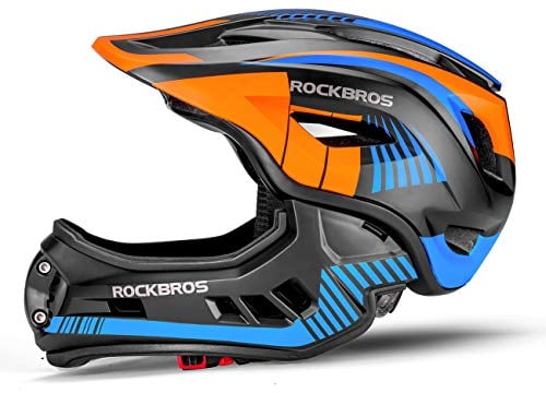 ROCKBROS Kinderhelm Integriert Fahrradhelm Kinder Jugend Fullface Helm mit Abnehmbarem Kinnschutz BMX MTB Downhill Helm, Blau S 48-52cm