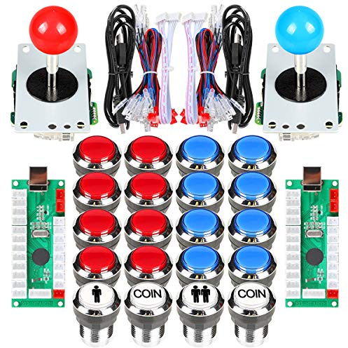 Fosiya 2 Giocatori Arcade Joystick LED Chrome Pulsanti per PC MAME Raspberry Pi Videogiochi Arcade Cabinet Parts (Rosso & Blu)