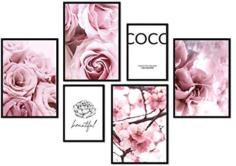 bilderreich Premium Poster Set Coco Blüten und Blumen Deko Bilder Wohnzimmer Modern 6er | Schlafzimmer Bild für die Wand | ohne Rahmen | 4X DIN A3 und 2X DIN A4| Coco Flowers