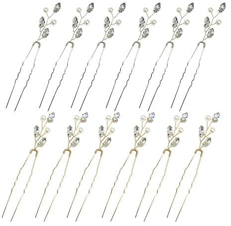 Allazone 12 Stück Haarnadeln Hochzeit Haarkamm Hochzeit Kristall Clip, Silber und Gold Braut Hochzeit Haarnadeln für Braut, Brautjungfern, Blumenmädchen