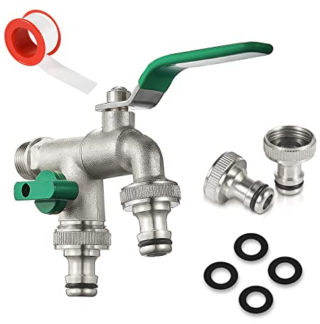 Doppel Wasserhahn Garten Auslaufhahn Kugelhahn 1/2 zoll Außenwasserhahn Aus Messing Rost und Frostsicher mit Doppelanschluss und Schlauchtülle für Garten Waschmaschine Regentonne
