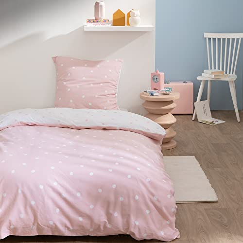 MATT & ROSE Pink Spots Parure de Lit Enfant Fille Imprimée Réversible | 100% Coton | Oeko-TEX | Housse de Couette 135x200 cm + 1 Taie d'oreiller 80x80 cm | Rose
