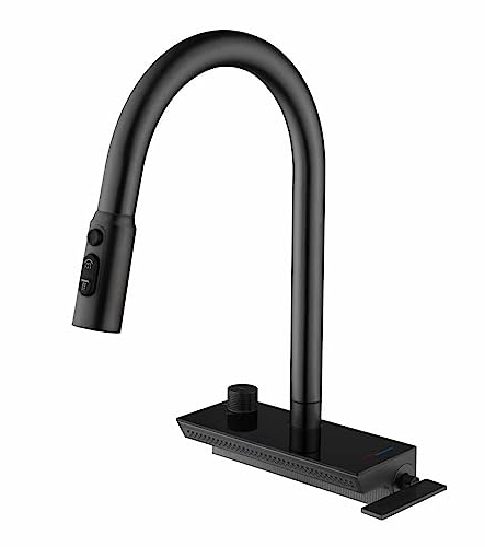 QREZAA Wasserhahn KüChe Schwarz, Wasserfall Küchenarmatur Mit Brause Ausziehbar, Mischbatterie KüChe Mit Temperaturanzeige, 360° Drehung, Wasserfallauslauf, 3-Funktions-Ausziehbrause, Messing