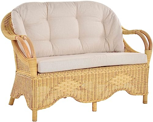 Krines Home Wintergarten Rattansofa Natur Rattan Sofa Zweisitzer Wohnzimmer Couch Rattanmöbel (Creme, 2-Sitzer)