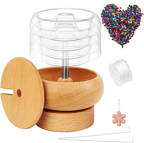 Fulenyi Holzperle Spinner, Perlensets mit Garnspulenaufwickler, Edelsteinwerkstatt Perlenlader Paket mit Edelstahlnadeln und 1000 Taillenperlen Perlengeräte-Set für Handwerks-Saatperlenzubehör