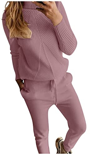Damen-Strickset, Kostüm, Rollkragen, einfarbig, Pullover, Hose, Anzug, warm, weich, lässig, zweiteiliges Set, Pullover, Hemd, Pullover, helle Pullover, rose, 38
