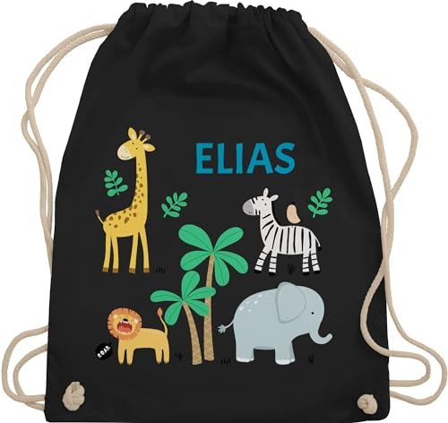 Turnbeutel Rucksack - Safari Tiere Zootiere Zoo Giraffe Zebra Löwe Elefant - Unisize - Schwarz - kindergarten tasche kita baumwolle beutel personalisierte geschenke stoffbeutel kindergartenrucksack