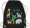 Turnbeutel Rucksack - Safari Tiere Zootiere Zoo Giraffe Zebra Löwe Elefant - Unisize - Schwarz - kindergarten tasche kita baumwolle beutel personalisierte geschenke stoffbeutel kindergartenrucksack