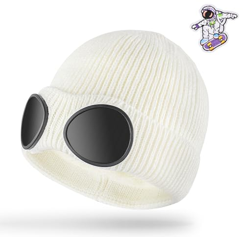 Grantop Warme Wintermütze, Unisex, Strickmütze, gestrickt, winddicht, Thermo-Fleece-Futter, Skifahren, Wandern, Laufen, lässig, dicke Schädelmütze für Herren, Damen, Erwachsene, weiß, Einheitsgröße