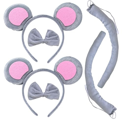 TSHAOUN 2 Sets Mouse Ears Headband Animal Costume Set, Ears Headband Tail Animal Dress Up Set, for Cosplay Birthday Party Carnival Christmas Party Supplies (Grey)