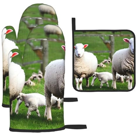 Set di utensili da cucina con pecore e agnelli, guanti da forno resistenti al calore e coperchio per pentola, kit di strumenti essenziali da forno
