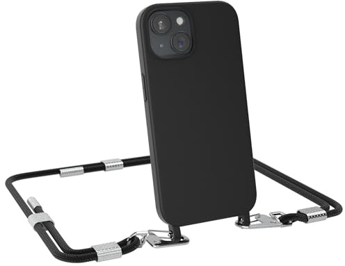EAZY CASE - Handykette mit Karabiner kompatibel mit iPhone 15 - Hülle Silikon Fallschutz Handyhülle für iPhone 15 Kette zum Umhängen Schutzhülle mit Mikrofaser in Schwarz - Clips Silber