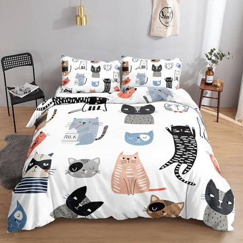 HOSIMA Bettwäsche-Set Mit Cartoon-Katzen-Aufdruck für Erwachsene, Jungen und Mädchen - Bettbezug Mit 2 Kissenbezügen (S)
