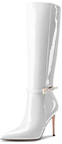 Aachcol Donna Altezza Ginocchio Stivali a Punta Spillo Alto High Tacco Heel Alto Stivali Fibbia Sexy Stivali lunghi Inverno Stivali Bianco 45 EU