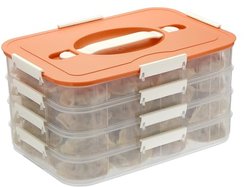 OGANAZI 4-layer Food Storage Container with lids&Handles, Stackable Plastic Food Storage Box for Refrigerator, Food Storage Bins Transparent for Dumplings, Cookies, Vegetables, Seafood (Orange)