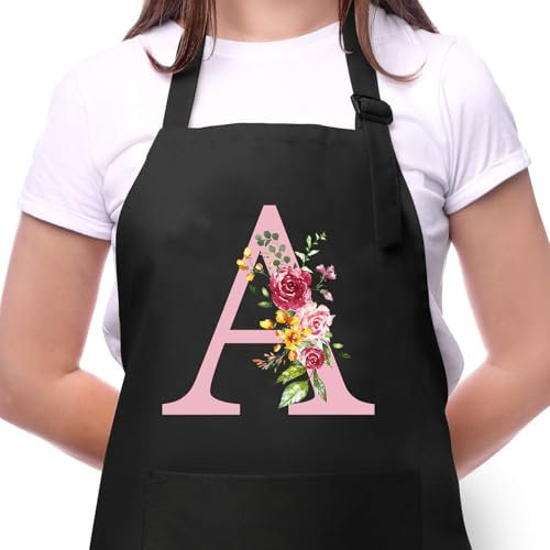 Personalisierte Initialen Schürzen Damen, Kochschürze Baumwolle Verstellbare Küchenschürze mit Taschen zum Kochen, Backen, Geschenk für Frauen Mama Oma Freundin zum Geburtstag Muttertag Weihnachten A