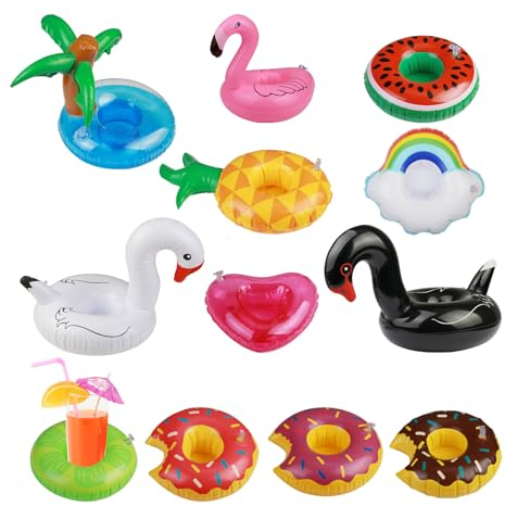 WEDNOK 12Pcs Inflatable Drinks Holder Cute Pool Drinks Holder Inflatable Drink Cup Holder Set with Flamingo Palm Tree Pineapple Floating Drink Holder for Kids Family Party Hot Tub Pool