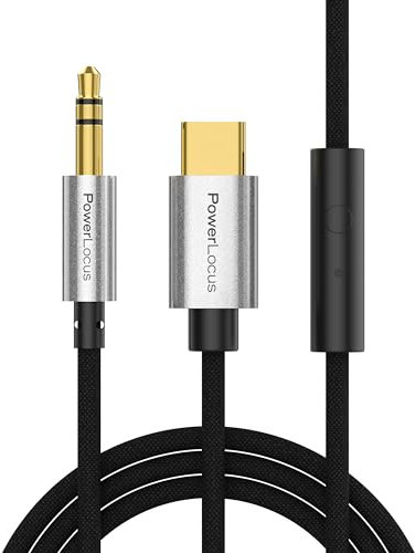 PowerLocus Aux Cable Jack 3.5mm a USB C, 1M Cable de Audio Auxiliar con Micrófono para Coche Estéreo, Compatible con iPhone 16 Pro Max 15 14 12 13, Galaxy S24 S23 Ultra, Note20, Huawei, Xiaomi,Tablets